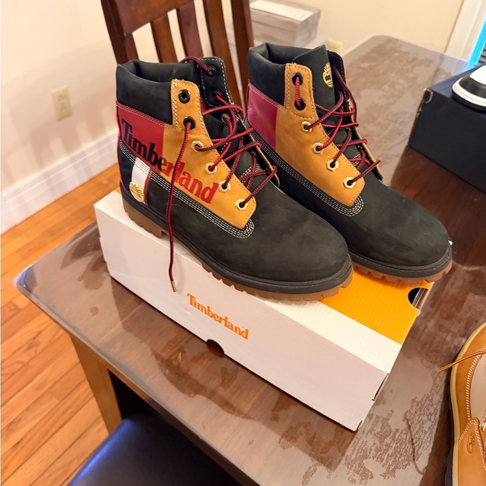 Timberland Black and Brown Boots with Red Details